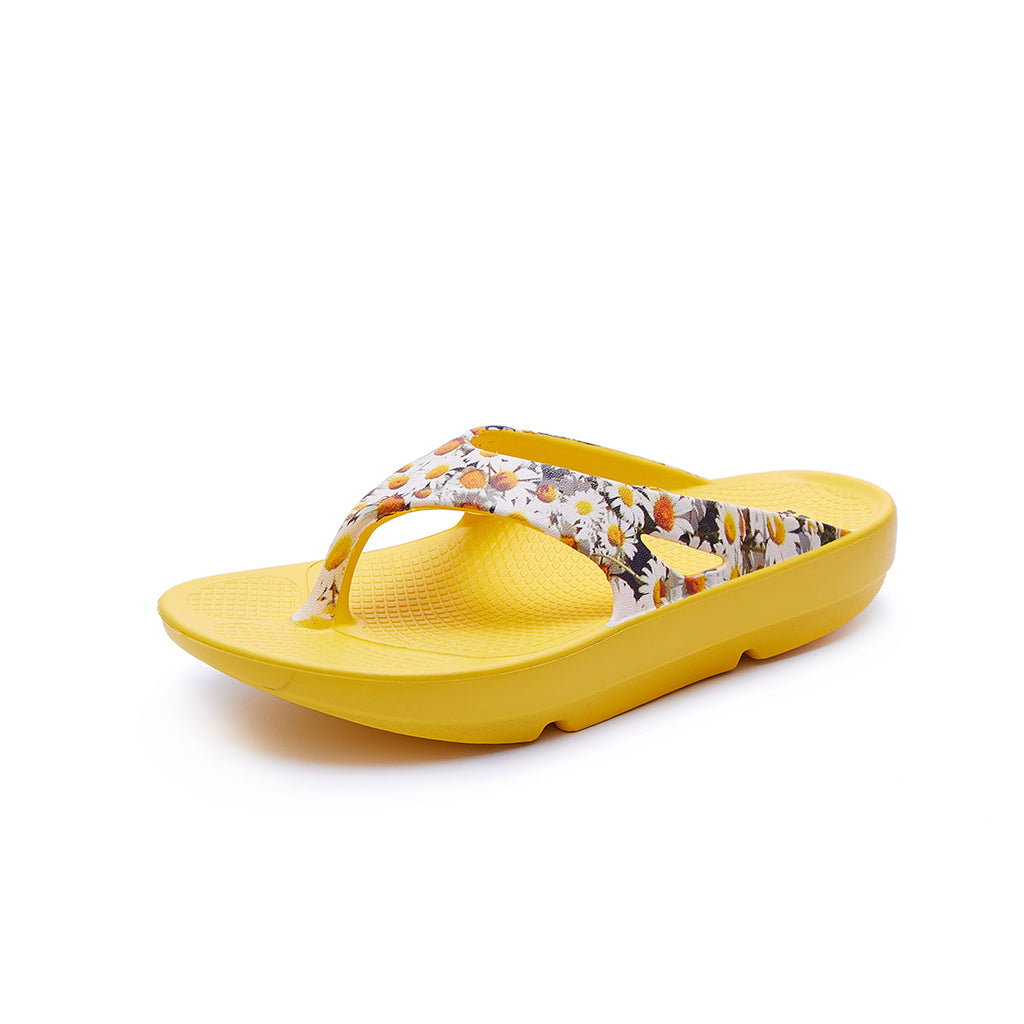 Daisy pattern printed yellow bright supersole comfortable recovery flip flops